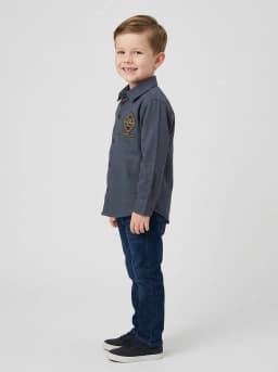 Boys Dark Slate Blue Full Sleeve Casual Shirt with Embellished Motif