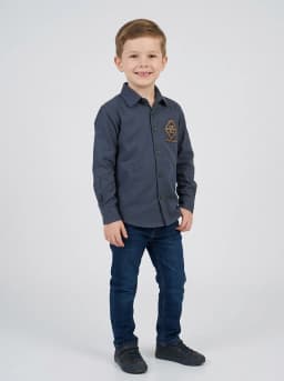 Boys Dark Slate Blue Full Sleeve Casual Shirt with Embellished Motif