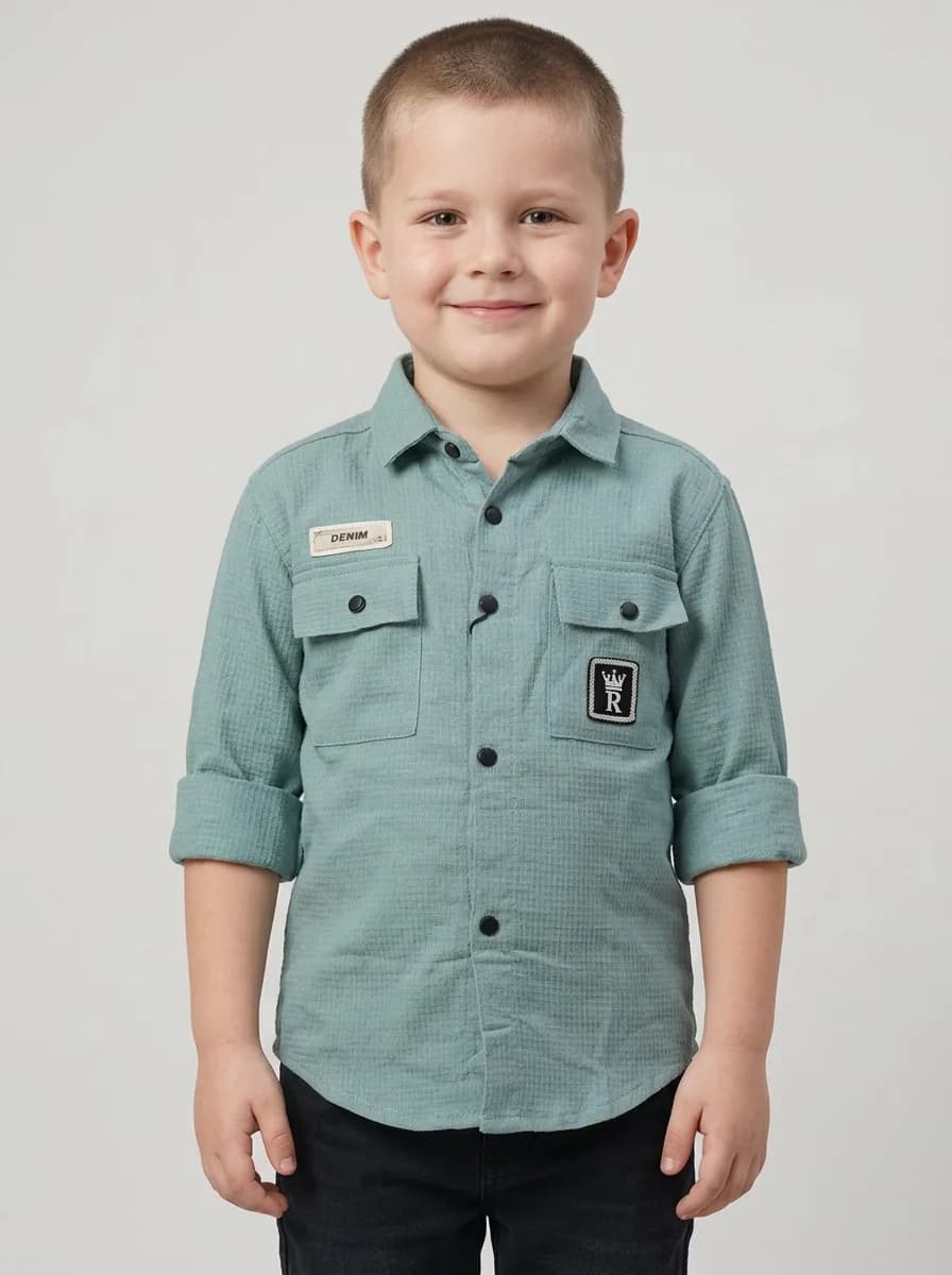 Boys Dusty Sea Green Textured Casual Shirt with Utility Pockets