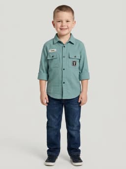 Boys Dusty Sea Green Textured Casual Shirt with Utility Pockets