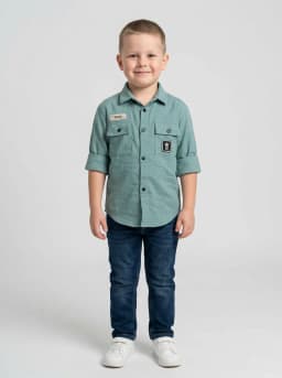 Boys Dusty Sea Green Textured Casual Shirt with Utility Pockets