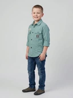 Boys Dusty Sea Green Textured Casual Shirt with Utility Pockets