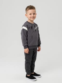 Boys Charcoal Grey Printed Crewneck Sweatshirt with Contrast Stripes