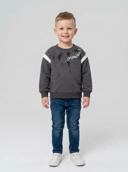 Boys Charcoal Grey Printed Crewneck Sweatshirt with Contrast Stripes