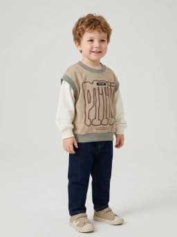 Boys Beige and Off-White Layered Long Sleeve Graphic Sweatshirt