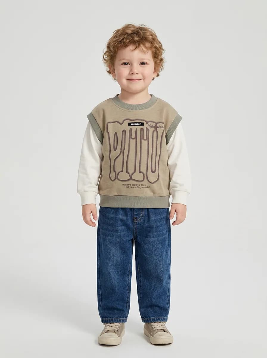 Boys Beige and Off-White Layered Long Sleeve Graphic Sweatshirt