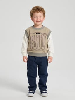 Boys Beige and Off-White Layered Long Sleeve Graphic Sweatshirt
