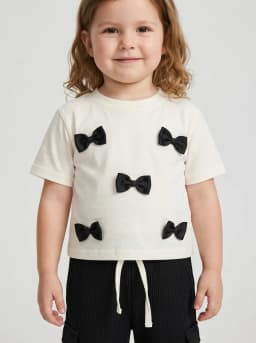Girls White Bow Detail T-Shirt and Black Ribbed Cargo Pants Set