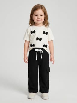 Girls White Bow Detail T-Shirt and Black Ribbed Cargo Pants Set