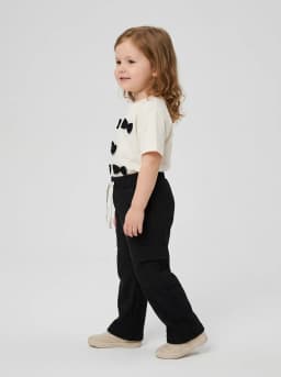 Girls White Bow Detail T-Shirt and Black Ribbed Cargo Pants Set