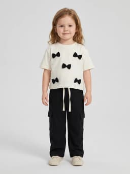 Girls White Bow Detail T-Shirt and Black Ribbed Cargo Pants Set