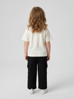 Girls White Bow Detail T-Shirt and Black Ribbed Cargo Pants Set