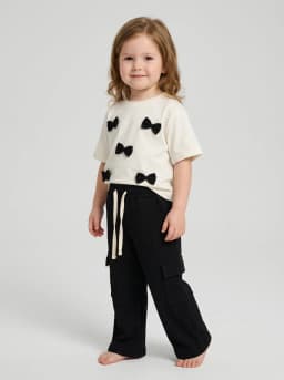 Girls White Bow Detail T-Shirt and Black Ribbed Cargo Pants Set