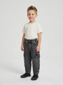 Unisex Kids Washed Black Acid Wash Denim Cargo Jeans