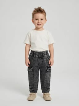 Unisex Kids Washed Black Acid Wash Denim Cargo Jeans