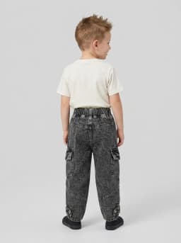 Unisex Kids Washed Black Acid Wash Denim Cargo Jeans