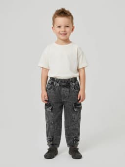 Unisex Kids Washed Black Acid Wash Denim Cargo Jeans