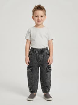 Unisex Kids Washed Black Acid Wash Denim Cargo Jeans