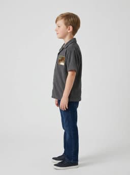Boys Charcoal Grey Textured Camp Collar Shirt with Chest Patch