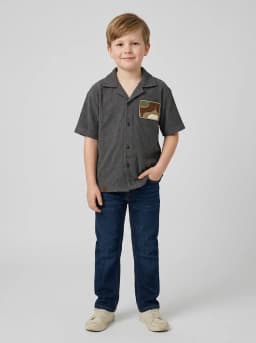 Boys Charcoal Grey Textured Camp Collar Shirt with Chest Patch