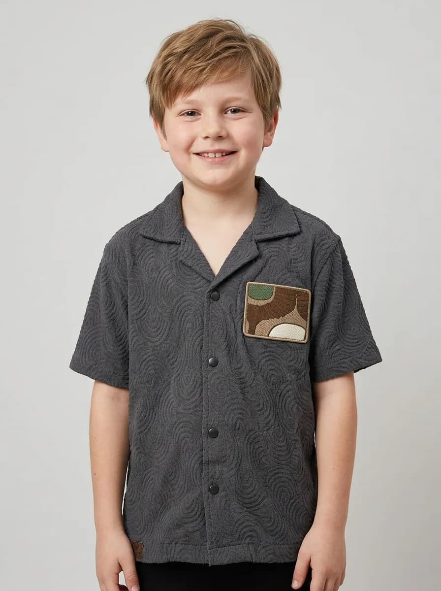 Boys Charcoal Grey Textured Camp Collar Shirt with Chest Patch