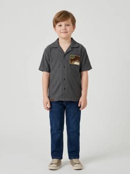 Boys Charcoal Grey Textured Camp Collar Shirt with Chest Patch