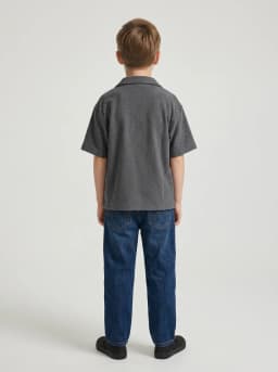 Boys Charcoal Grey Textured Camp Collar Shirt with Chest Patch