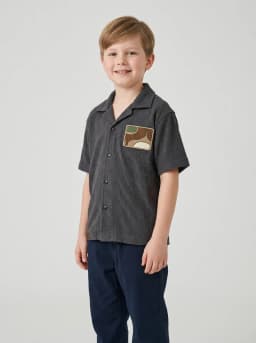 Boys Charcoal Grey Textured Camp Collar Shirt with Chest Patch