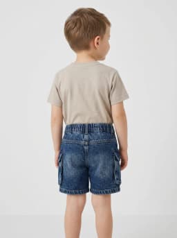 Boys Dark Blue Washed Denim Cargo Shorts with Drawstring Waist
