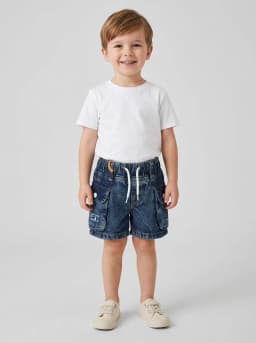 Boys Dark Blue Washed Denim Cargo Shorts with Drawstring Waist