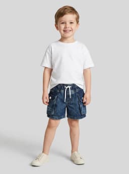 Boys Dark Blue Washed Denim Cargo Shorts with Drawstring Waist