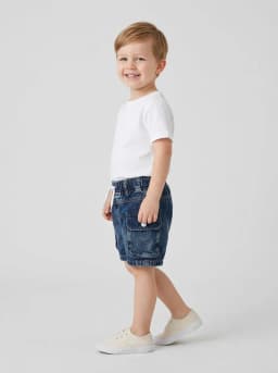 Boys Dark Blue Washed Denim Cargo Shorts with Drawstring Waist