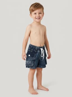 Boys Dark Blue Washed Denim Cargo Shorts with Drawstring Waist