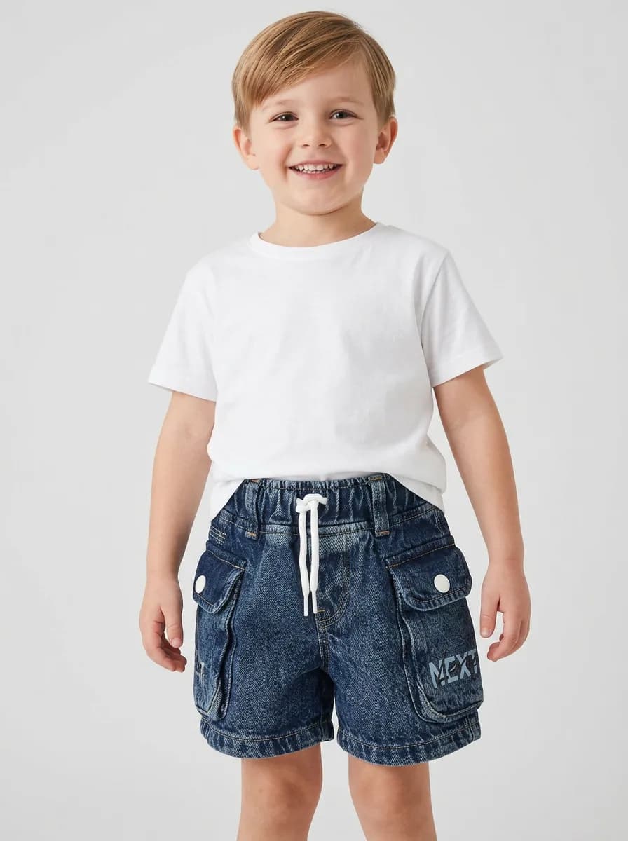 Boys Dark Blue Washed Denim Cargo Shorts with Drawstring Waist