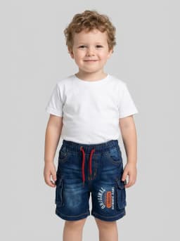 Boys Dark Blue Washed Denim Cargo Shorts with Red Drawstring
