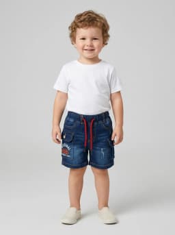 Boys Dark Blue Washed Denim Cargo Shorts with Red Drawstring