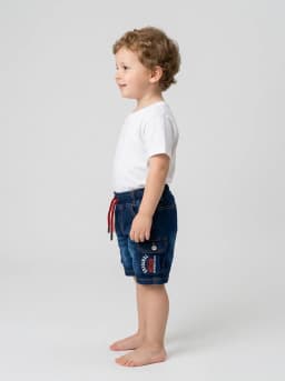 Boys Dark Blue Washed Denim Cargo Shorts with Red Drawstring
