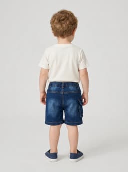 Boys Dark Blue Washed Denim Cargo Shorts with Red Drawstring