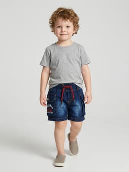 Boys Dark Blue Washed Denim Cargo Shorts with Red Drawstring