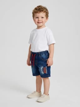 Boys Dark Blue Washed Denim Cargo Shorts with Red Drawstring