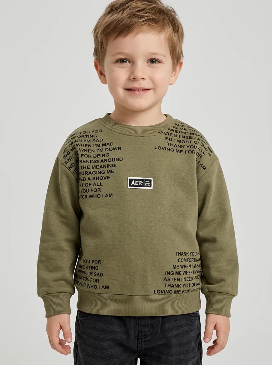 Boys Olive Green Typography Print Crewneck Sweatshirt