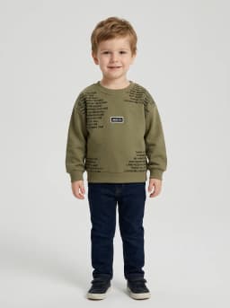 Boys Olive Green Typography Print Crewneck Sweatshirt