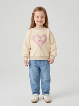 Girls Light Beige Heart Graphic Crew Neck Sweatshirt