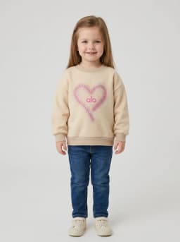 Girls Light Beige Heart Graphic Crew Neck Sweatshirt