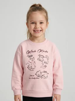 Girls Baby Pink Cat Graphic Sweatshirt with Ribbon Accent