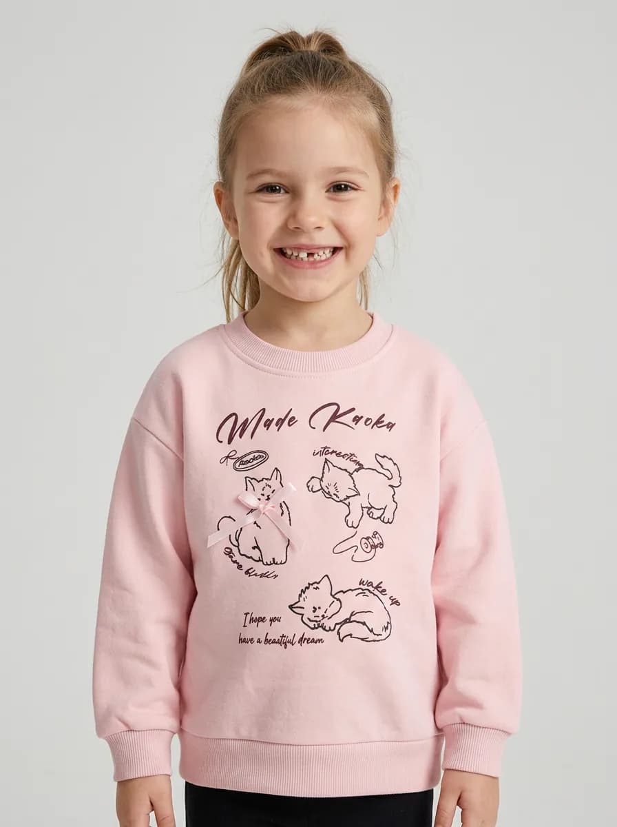 Girls Baby Pink Cat Graphic Sweatshirt with Ribbon Accent