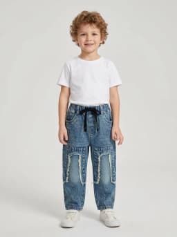 Boys Mid-Blue Washed Denim Jeans with Frayed Knee Patches