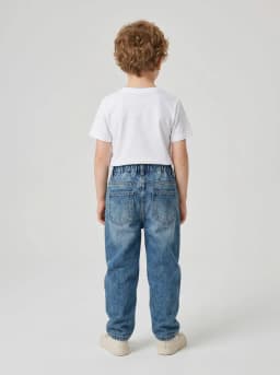 Boys Mid-Blue Washed Denim Jeans with Frayed Knee Patches