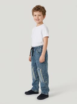 Boys Mid-Blue Washed Denim Jeans with Frayed Knee Patches