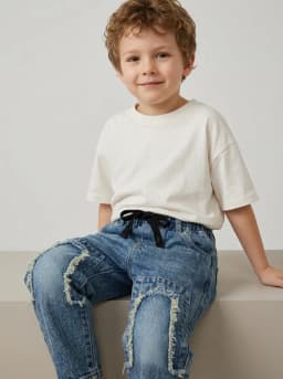 Boys Mid-Blue Washed Denim Jeans with Frayed Knee Patches